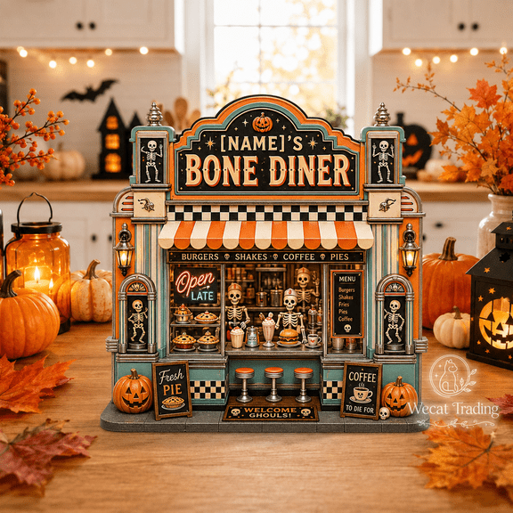 Wooden Block Retro Skeleton Diner Wood Tabletop Display for Halloween Decor Lovers