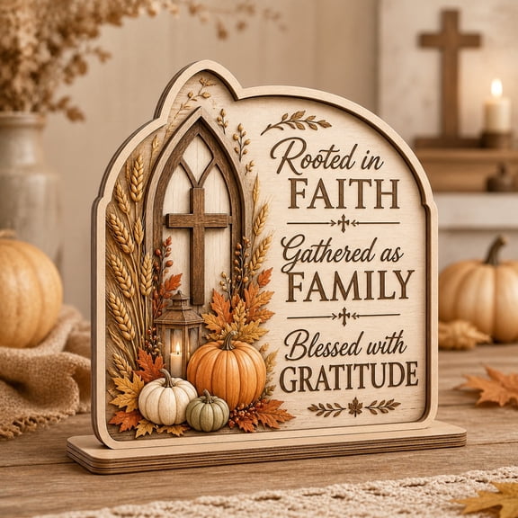 Wooden Block Rooted in Faith Family Gratitude Wood Tabletop Thanksgiving Display for Christian Homes
