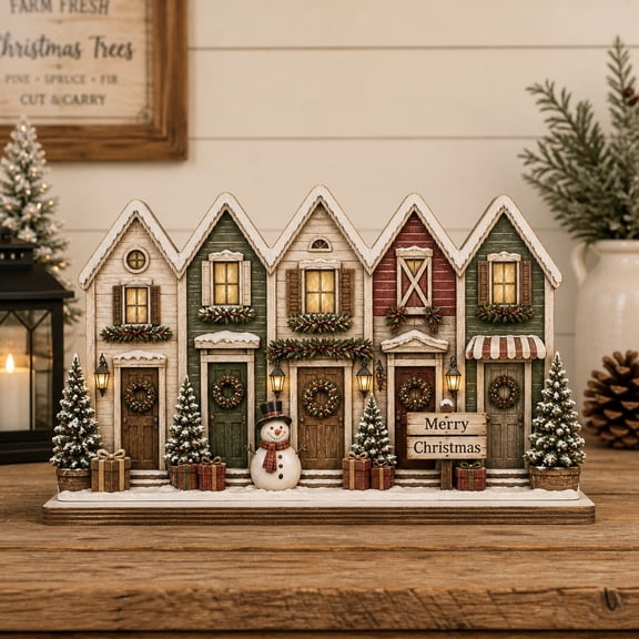 Wooden Block Rustic Farmhouse Christmas Village Wood Tabletop Decor for Holiday Mantel Display
