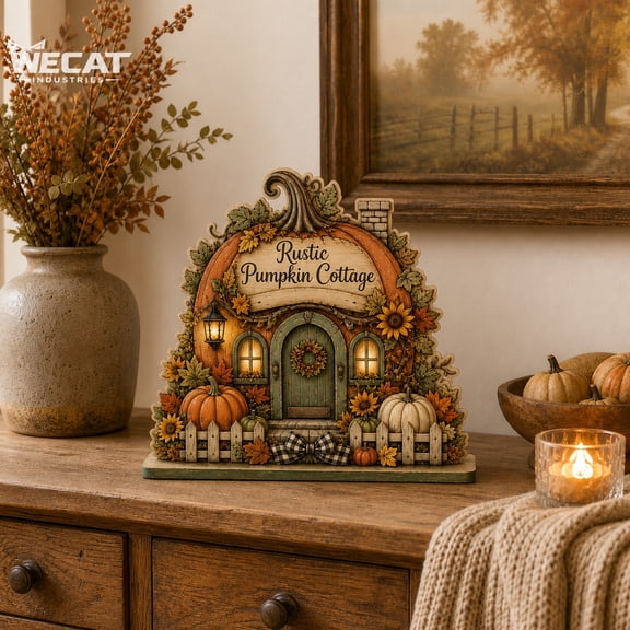 Wooden Block Rustic Pumpkin Cottage Wooden Shelf Sitter for Fall Home