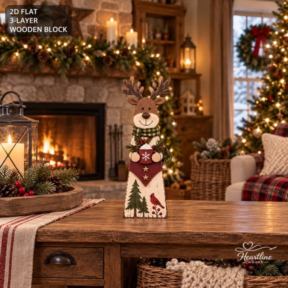 Wooden Block Rustic Reindeer Christmas Tabletop Display for Farmhouse Holiday Gifts