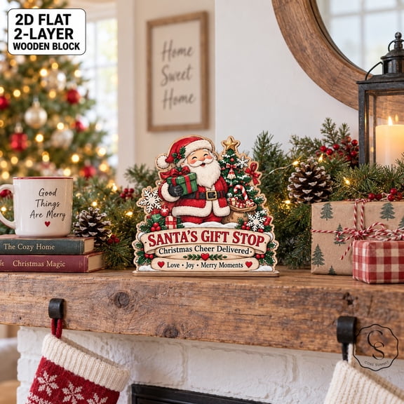 Wooden Block Santa Gift Stop Christmas Shelf Decor for Holiday Mantel Display