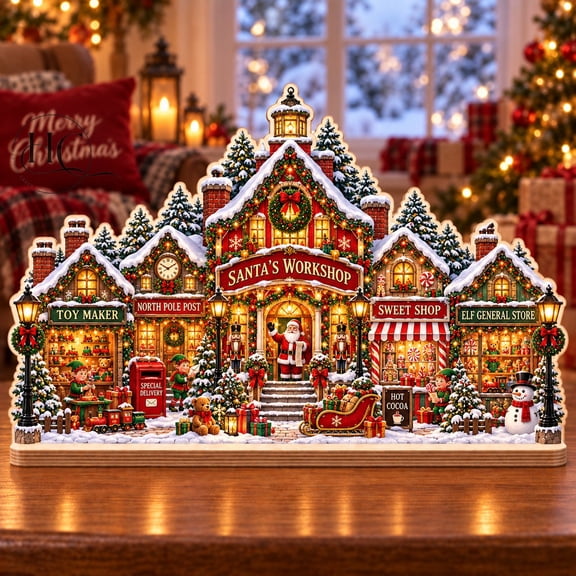 Wooden Block Santa's Workshop Village Tabletop Christmas Display for Holiday Hosts