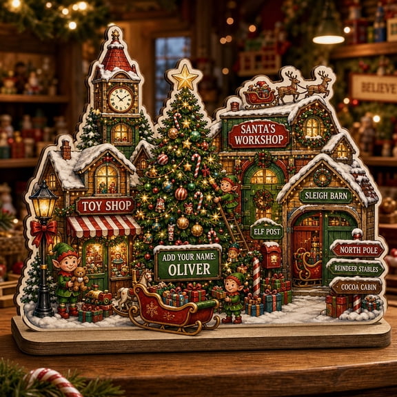 Wooden Block Santa's Workshop Village Wood Tabletop Display Christmas Gift