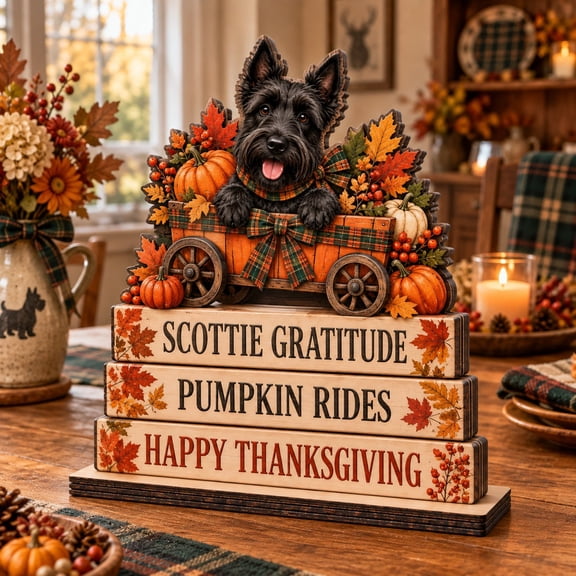 Wooden Block Scottish Terrier Pumpkin Wagon Fall Tabletop Display for Thanksgiving Hosts
