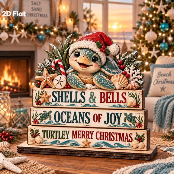 Wooden Block Sea Turtle Christmas Tabletop Shelf Sitter for Coastal Holiday Decor