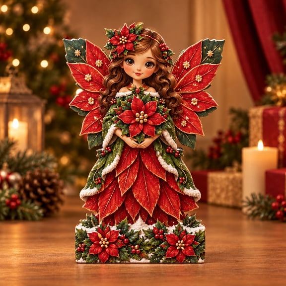 Wooden Block Shelf Display Poinsettia Fairy Christmas Decor