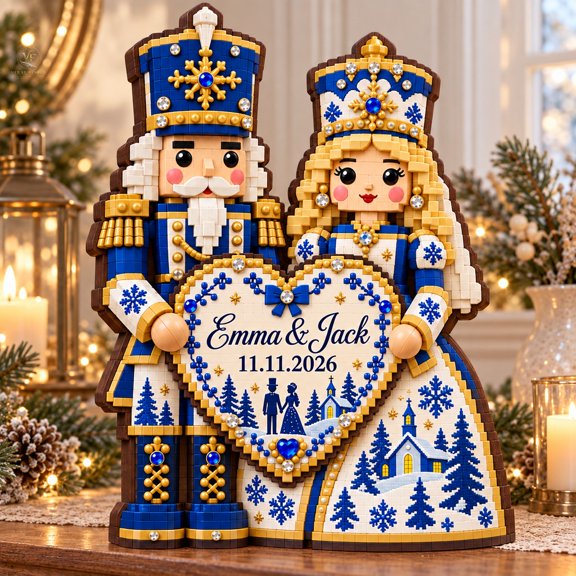 Wooden Block Shelf Sitter, Personalized Military Wedding Nutcracker Couple Tabletop Keepsake for Newlyweds