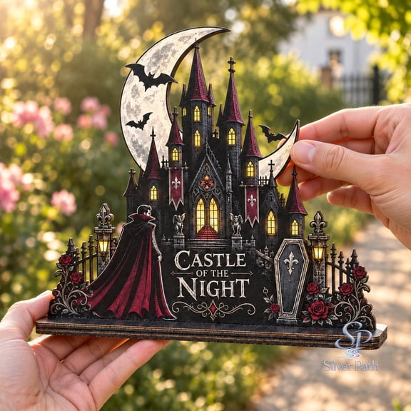 Wooden Block Shelf Sitter, Vampire Castle with Bats and Coffin, Moonlit Gothic Display for Halloween