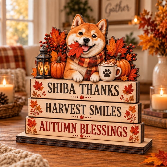 Wooden Block Shiba Inu Fall Tabletop Sign with Pumpkins and Maple Leaves, Thanksgiving Gift
