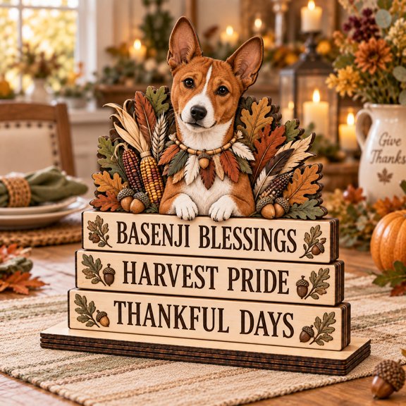 Wooden Block Sign Basenji Harvest Theme, Tabletop Display for Thanksgiving Dog Lovers