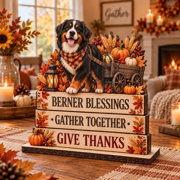 Wooden Block Sign, Bernese Mountain Dog Fall Harvest Tabletop Accent for Thanksgiving Hosts
