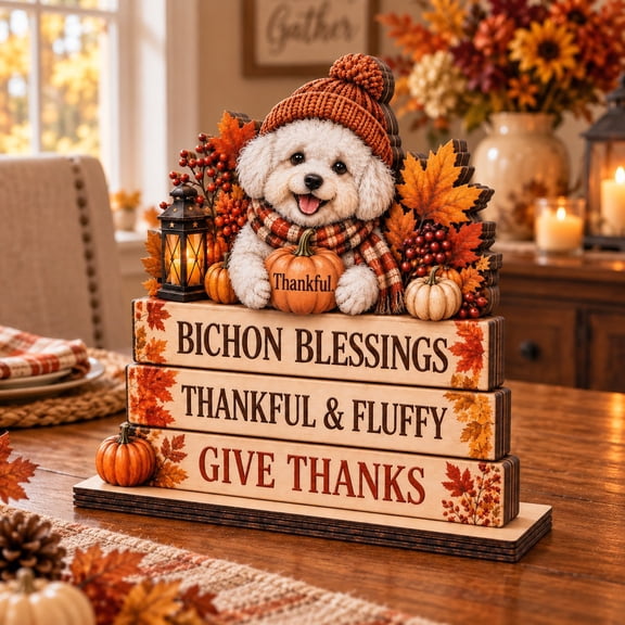Wooden Block Sign, Bichon Frise Thankful Fall Theme, Tabletop Accent for Thanksgiving Hosts and Dog Lovers