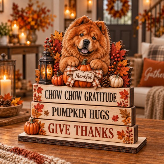 Wooden Block Sign, Fluffy Chow Dog Pumpkin Gratitude, Tabletop Fall Accent for Pet Lovers