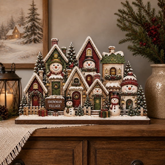 Wooden Block Snowman Village Wood Tabletop Christmas Decor for Mantel Shelf Display