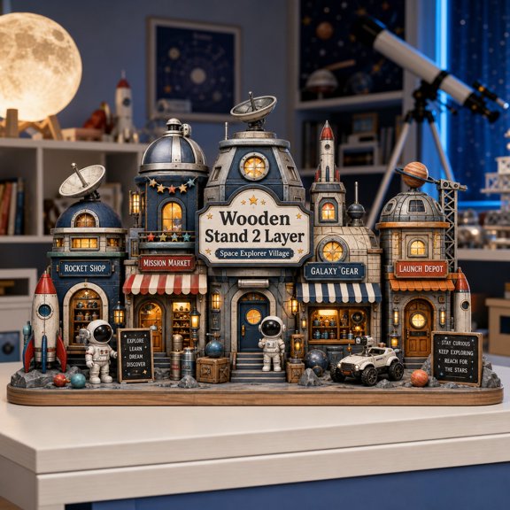 Wooden Block Space Explorer Village Wood Tabletop Christmas Decor for Holiday Display