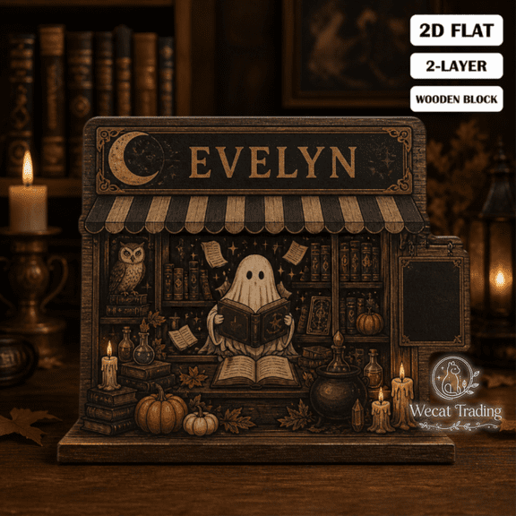 Wooden Block Spellbook Bookshop Wood Tabletop Display for Halloween Book Lovers