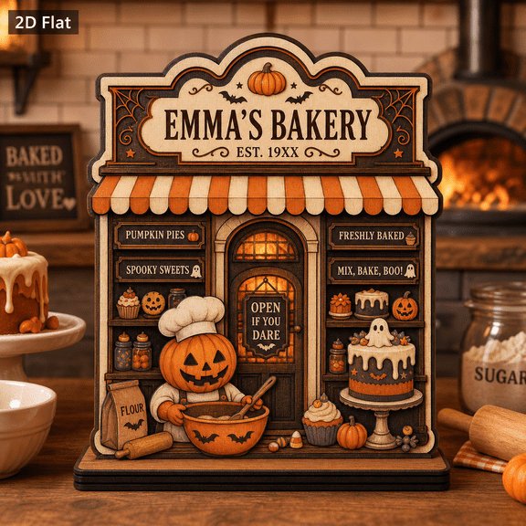 Wooden Block Spooky Bakery Pumpkin Baker Wood Shelf Accent for Halloween Bakers