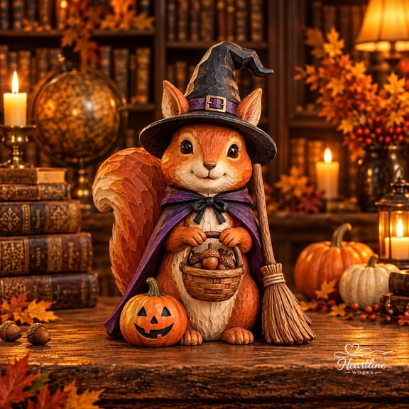 Wooden Block Squirrel Witch Halloween Shelf Display for Autumn Decor Lovers
