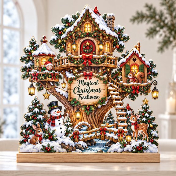 Wooden Block Stand Christmas Treehouse Pine Wood Shelf Sitter Holiday Decor