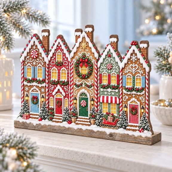 Wooden Block Stand Gingerbread Christmas Village Tabletop Decor for Christmas
