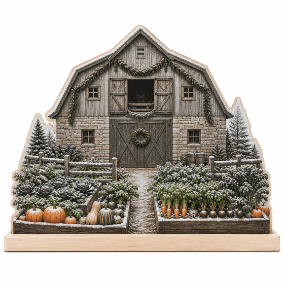 Wooden Block Stand for Garden Lover Pennsylvania Bank Barn Winter Christmas Wood Tabletop Display for Farmhouse Decor