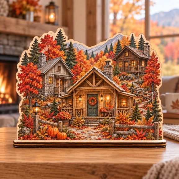 Wooden Block Sugar Hill Village Fall Scene, Tabletop Welcome Accent for Cabin-Loving Homeowners