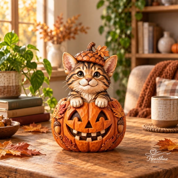 Wooden Block Tabby Cat Pumpkin Tabletop Display for Fall Lovers