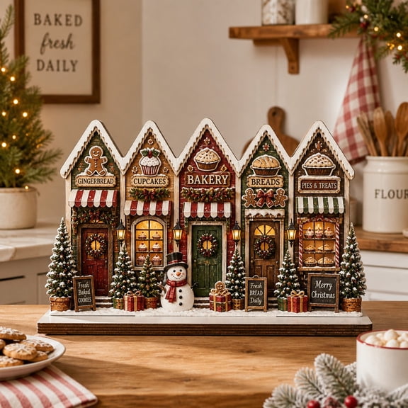 Wooden Block Tabletop Decor Christmas Bakery Village Wood Shelf Display for Holiday Kitchen