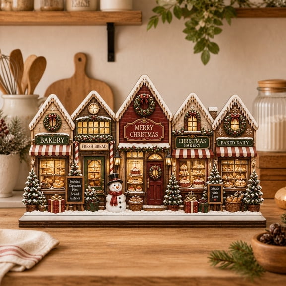 Wooden Block Tabletop Decor Christmas Bakery Village Wood Table Display for Holiday Kitchen