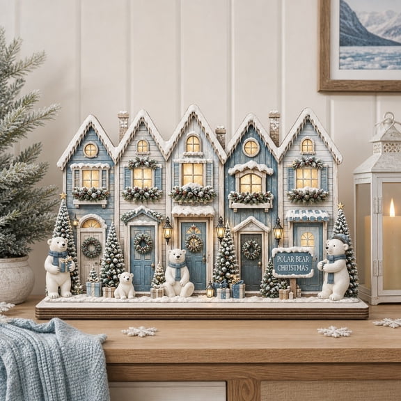 Wooden Block Tabletop Decor Polar Bear Christmas Village Wood Mantel Display Christmas Decor