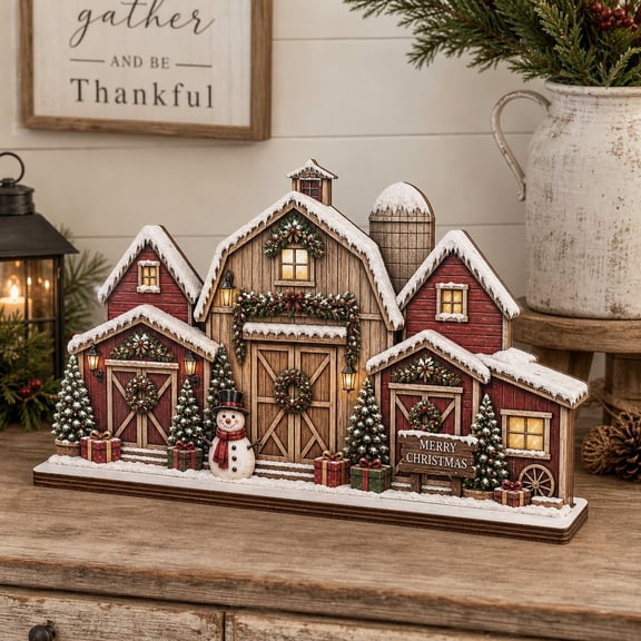 Wooden Block Tabletop Decor Snowy Christmas Barn Village Wood Display for Mantel Holiday Decorating