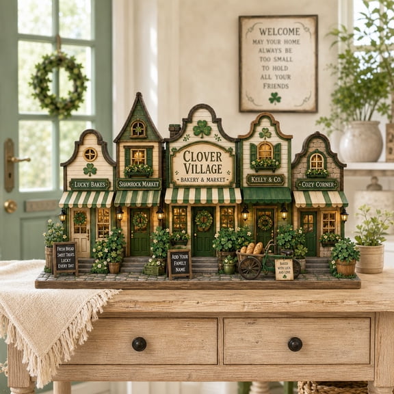 Wooden Block Tabletop Decor St. Patrick's Clover Village Wood Table Display for St. Patrick's Day