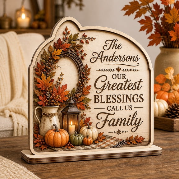 Wooden Block Tabletop Sign Fall Wreath and Pumpkins Wood Thanksgiving Display for Family Gatherings