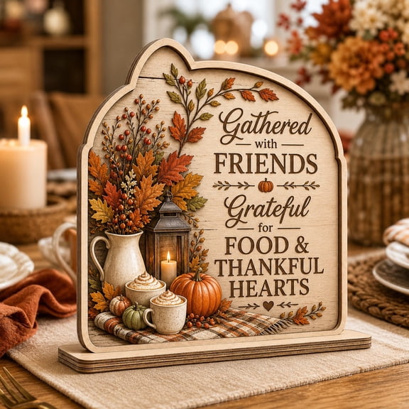 Wooden Block Tabletop Sign Gathered with Friends Thanksgiving Wood Fall Table Decor for Friendsgiving