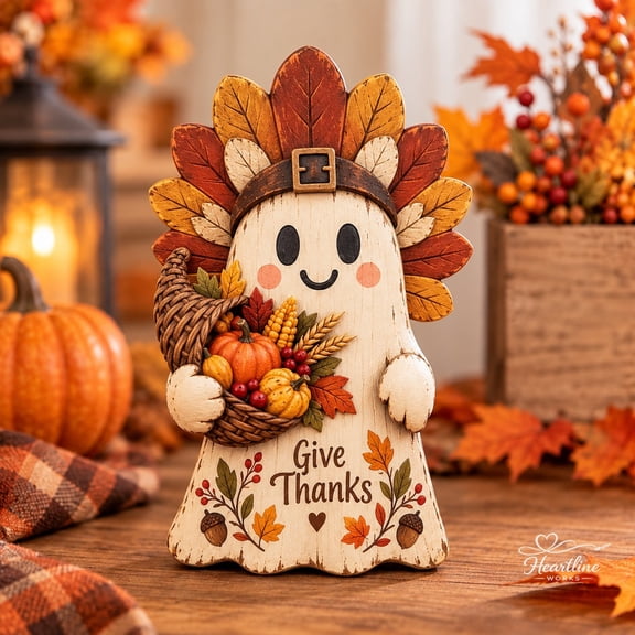 Wooden Block Thanksgiving Ghost Turkey Feather Cornucopia Tabletop Accent for Fall Gatherings