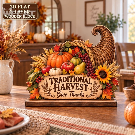Wooden Block Traditional Harvest Cornucopia Tabletop Display for Thanksgiving Hosts