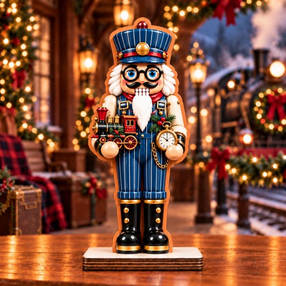 Wooden Block Train Engineer Nutcracker Tabletop Christmas Decoration for Railroad Fans