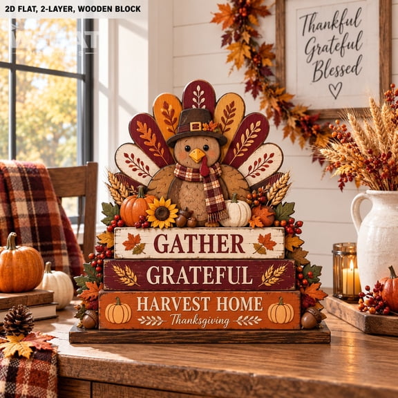 Wooden Block Turkey Harvest Tabletop Display for Thanksgiving Hosts