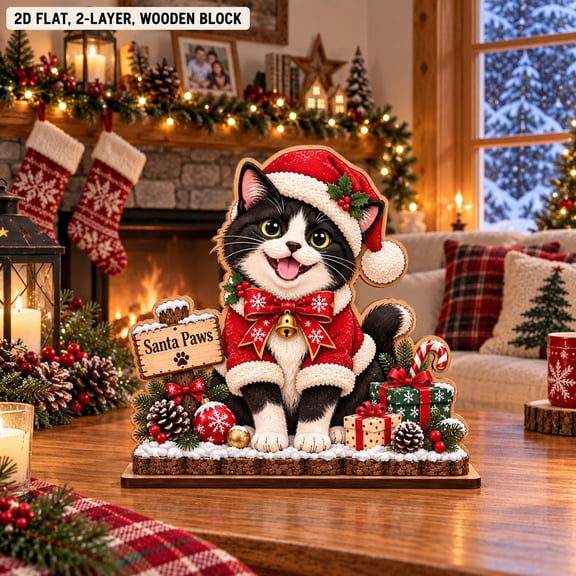 Wooden Block Tuxedo Cat in Santa Costume, Layered Christmas Table Accent for Pet Lovers
