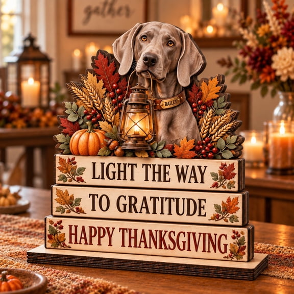 Wooden Block Weimaraner Harvest Lantern Thanksgiving Tabletop Accent for Dog Lovers