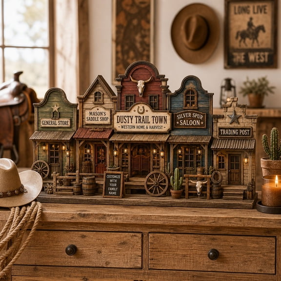 Wooden Block Western Cowboy Town Wood Tabletop Christmas Decor for Rustic Holiday Homes