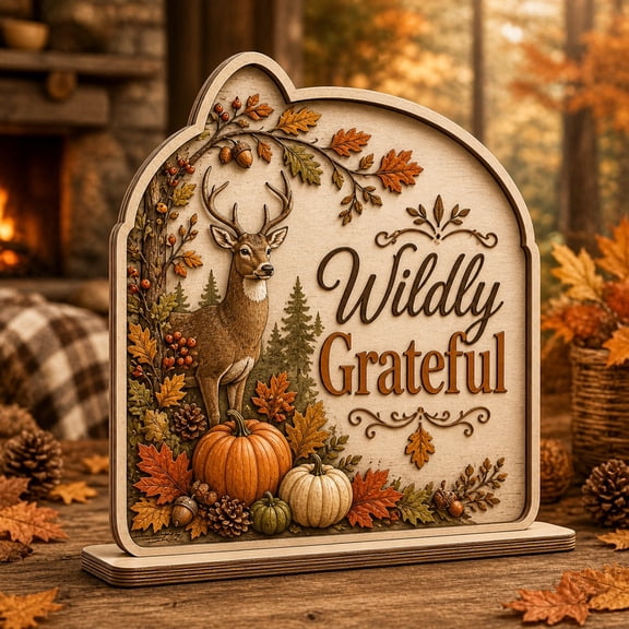 Wooden Block Wildly Grateful Woodland Deer Wood Tabletop Sign for Thanksgiving Hostess Gift