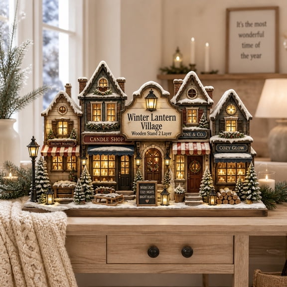 Wooden Block Winter Lantern Village Wood Tabletop Display for Holiday Christmas Decor