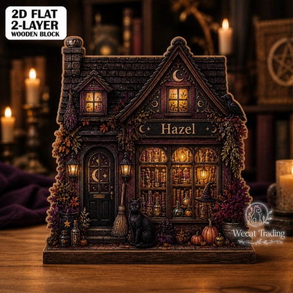 Wooden Block Witchy Bookstore 2-Layer Wood Shelf Decor for Halloween Book Lovers
