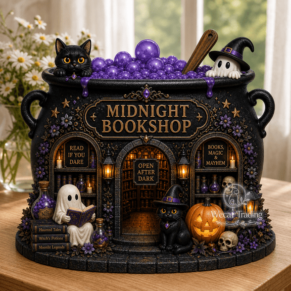 Wooden Block Witchy Bookstore Wood Shelf Display for Halloween Book Lovers