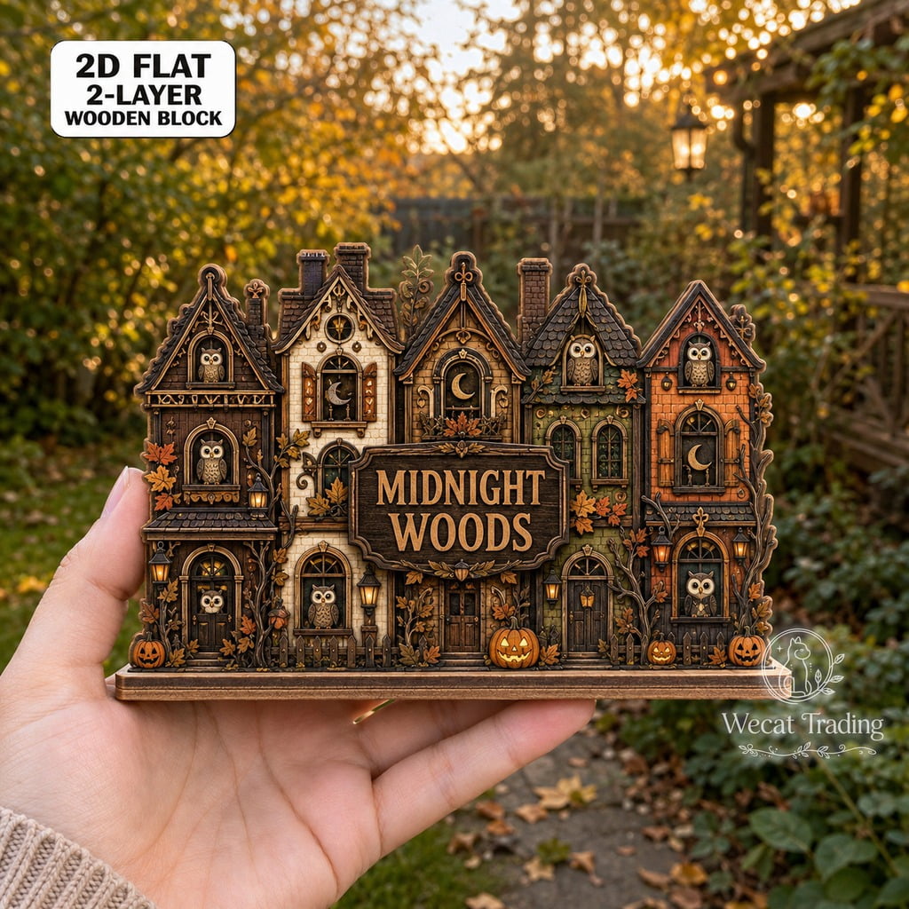 Wooden Block Woodland Owl Halloween Village, Two-Layer Table Display ...