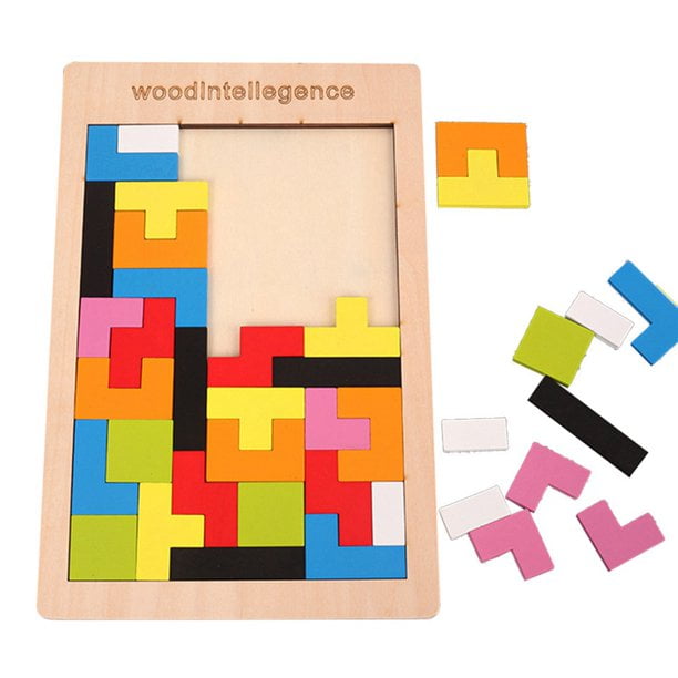 USATDD Wooden Tetris Puzzle Tangram Jigsaw Brain Teasers Toy Building Blocks  Game Colorful Wood Puzzles Box Educational Gift For Kids 40 Pcs 