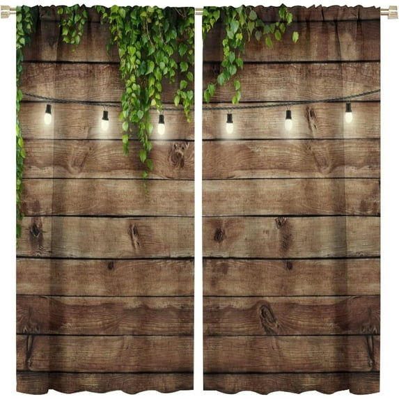 Wooden Board Blackout Curtains Vintage Rustic Farmhouse Wood Plank Decorative Lamp Green Leaves Art Print for Living Room Bedroom Kitchen Decor Rod Pocket Window Drapes 2 Panels 52x84in