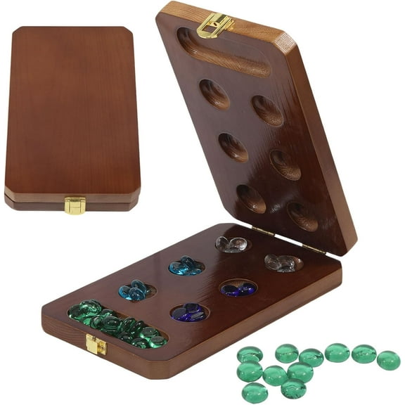 Wooden Board and Colorful Glass Stones 48 + 24 Multi Color Glass Stones Folding Board Mancala Board Game Set for Daily Life Party Festival Family Game Night Colorful DIY